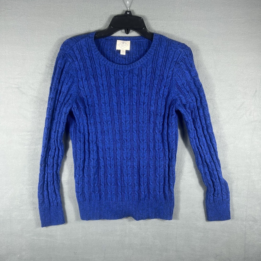 St. John's Bay Women's Blue Cable Knit Sweater Size L Cotton Blend Crew Neck